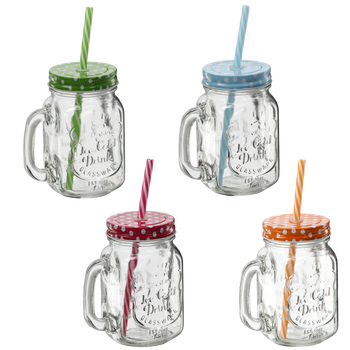 GLASS MUG 450 ML FOR COLD DRINKS WITH LID AND STRAW MIX 4 COLORS