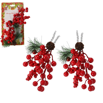 SET OF 2 DECORATIVE BRANCHES 12 X 14 CM WITH MOUNTAIN ASH AND CONES