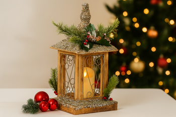 CHRISTMAS WOODEN LED LANTERN WITH CANDLE 18 x 18 x 38 CM