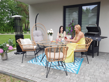 GARDEN FURNITURE SET (TABLE, 4 CHAIRS) - BROWN, CUSHIONS - GREY