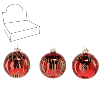GLASS BAUBLE - RED GLOSS MIX DESIGNS 8 CM