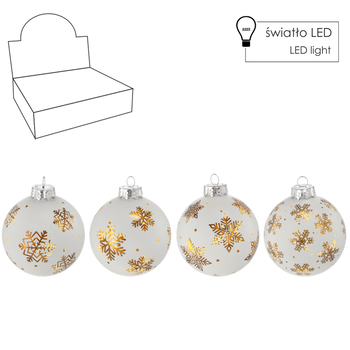 GLASS ORNAMENT - WHITE 8 CM GOLDEN SNOWBALL MIXED PATTERNS