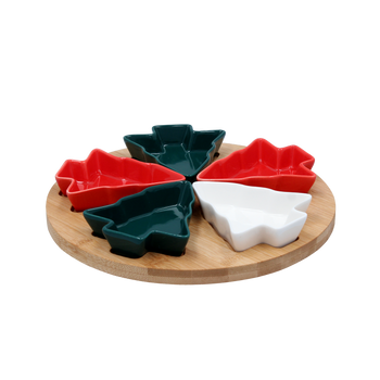 SET FOR SERVING APPETIZERS - 5 TREE-SHAPED BOWLS WITH BAMBOO BOARD