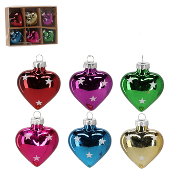 SET OF 6 GLASS CHRISTMAS TREE DECORATIONS - HEART