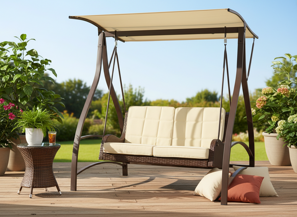 HUŚTAWKA OGRODOWA Z TECHNORATTANU 166 x 130 x 170 CM BRĄZOWA PREMIUM 