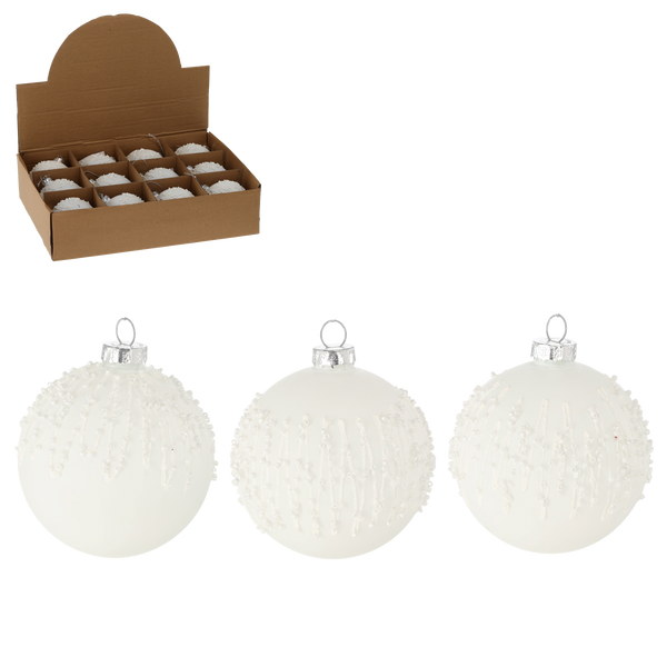 GLASS ORNAMENT - WHITE MIXED PATTERNS 8 CM