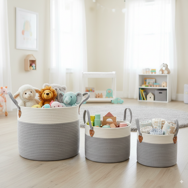 ZESTAW 3 OKRĄGŁYCH KOSZY NA PRANIE/ZABAWKI SZARY
