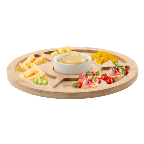 SET FOR SERVING APPETIZERS - 4-COMPARTMENT BAMBOO BOARD WITH PORCELAIN BOWL 28X4CM