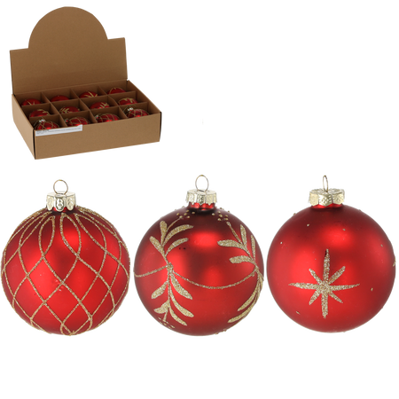 GLASS ORNAMENT - MATTE RED MIXED PATTERNS 8 CM