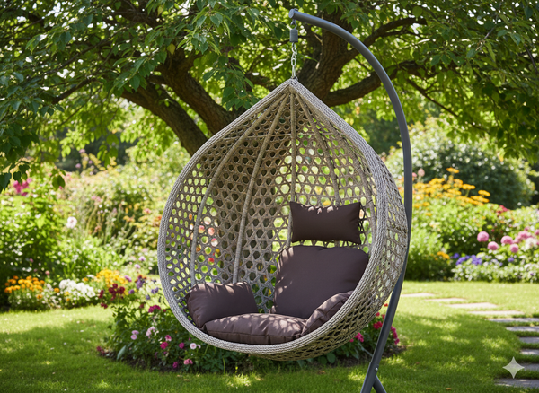 FOTEL WISZĄCY ROZM. XL SZARY, PODUSZKA BRĄZOWA, RAMA CIEMNOSZARA