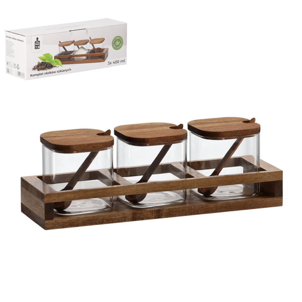 SET 3 BORCANE DIN STICLA DE 400 ML CU CAPACE DIN LEMN ȘI Linguri PE O BAZĂ DIN LEMN *0772