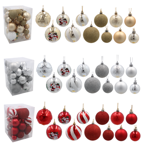 SET OF 24 CHRISTMAS BAUBLES RED, SILVER, GOLD