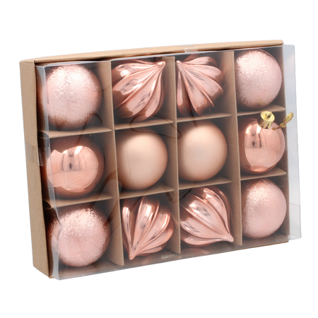 SET OF 12 BAUBLES 6 CM OLIVE/COPPER/GRAPHITE MIX DESIGNS