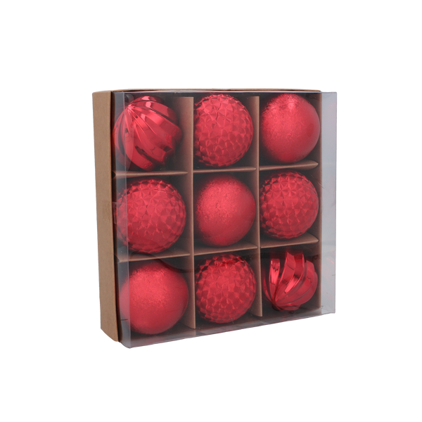 SET OF 9 BAUBLES 6 CM RED/GOLD/SILVER