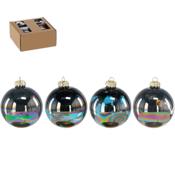 SET OF 4 GLASS BAUBLES 8 CM WITH OIL EFFECT