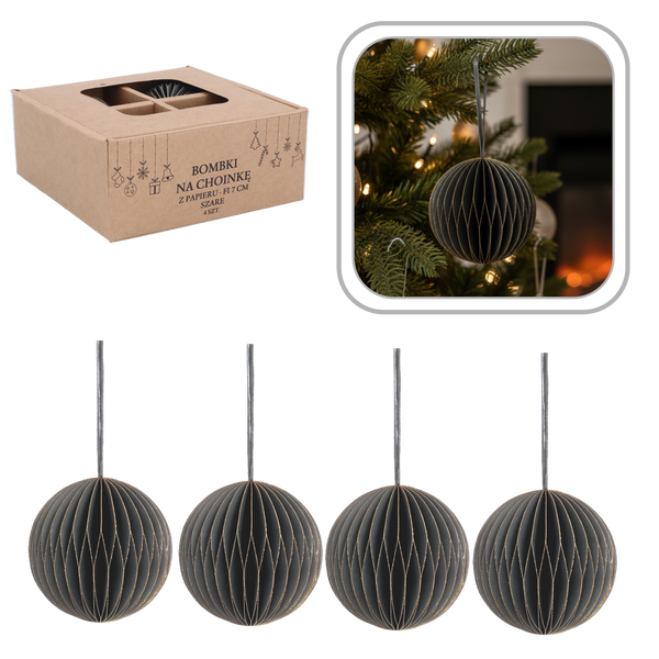 SET OF 4 CHRISTMAS TREE PAPER BAUBLES 7 CM GRAY