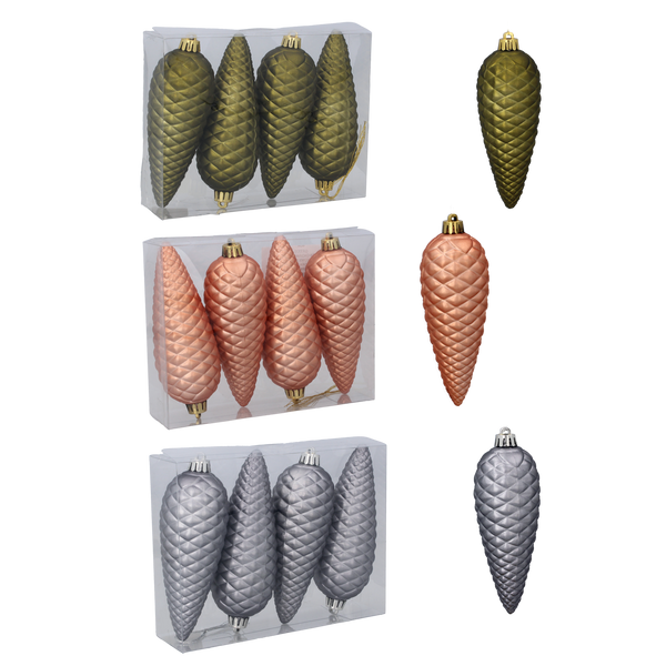 SET DE 4 DECORAȚIUNI DE BRAD CONE MAT 14 CM VERDE ULEI/ARDEZ/GRAFIT *7771