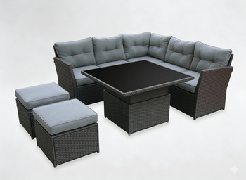 ZESTAW MEBLI RATTANOWYCH ( SOFA NAROŻNA + 2 PUFY + STOLIK Z REGULOWANĄ WYS. ) SZARY + SZARE PODUSZKI