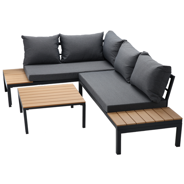 SADA HLINÍKOVÉHO NÁBYTKU (ROHOVÁ SOFA + STOLEK) ŠEDÁ + ŠEDÉ POLŠTÁŘE *8137