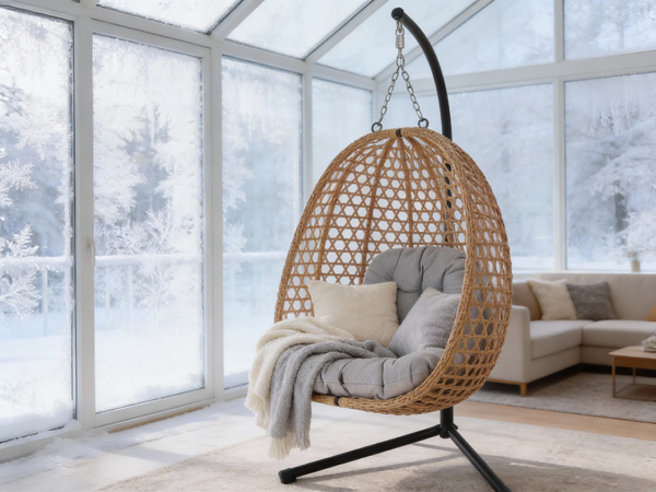 FOTEL WISZĄCY SKŁADANY FARON - NATURALNY, SZARA PODUSZKA, CZARNA RAMA