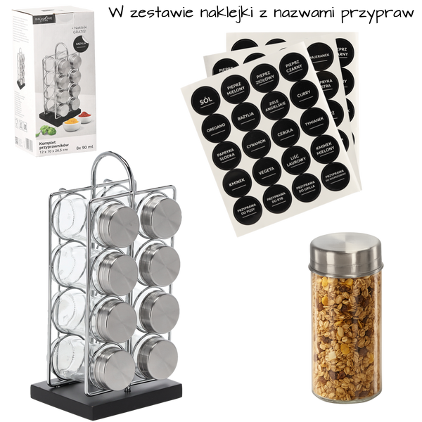 PRZYPRAWNIK PROSTOKĄTNY 12 x 10 x 26,5 CM Z RĄCZKĄ 8 SŁOICZKÓW SREBRNO-CZARNY *9189