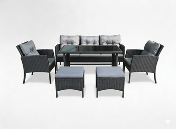 ZESTAW MEBLI RATTANOWYCH (SOFA, 2 KRZESŁA, 2 PUFY, STOLIK) - CZARNY, PODUSZKI - SZARY