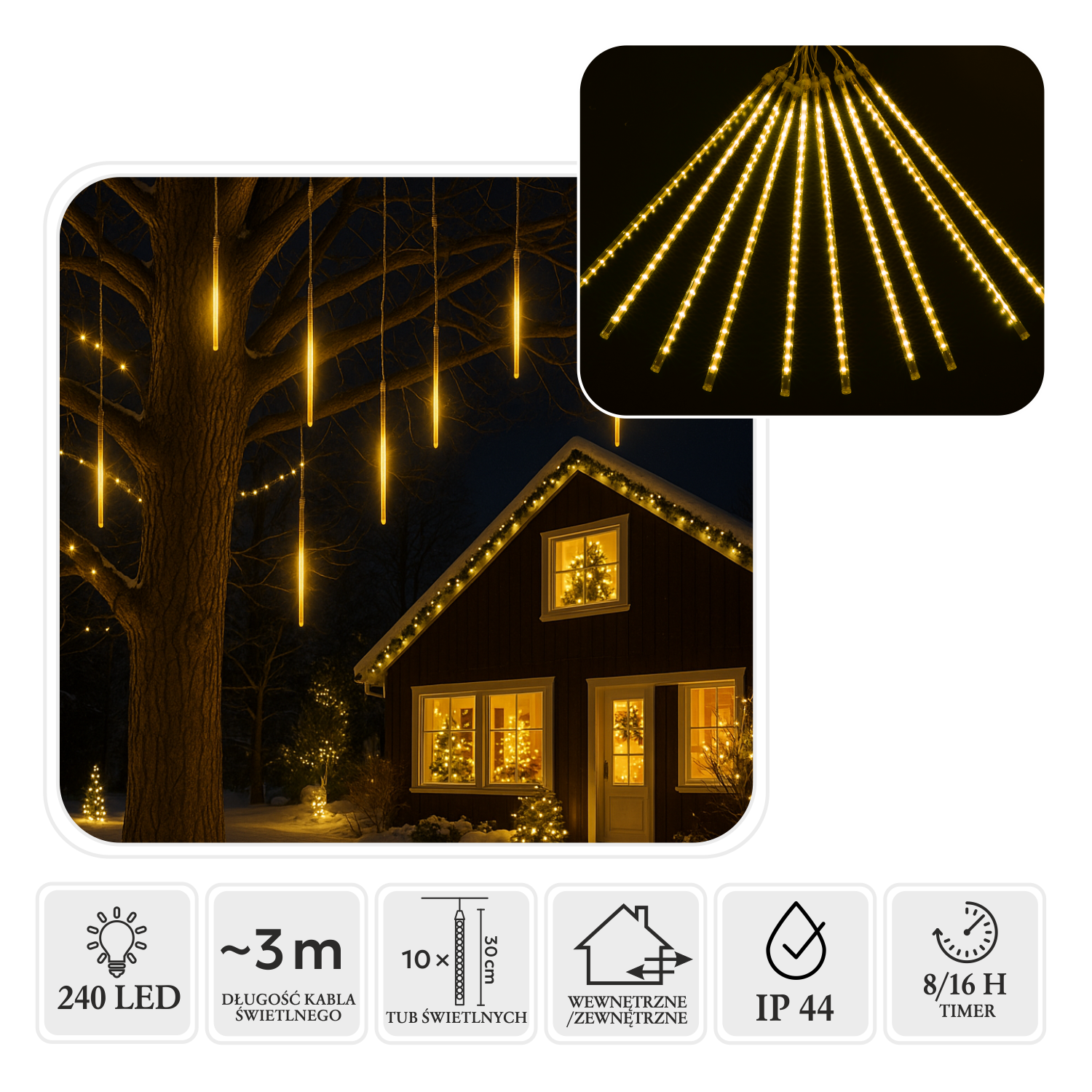KURTYNA METEORY LED 10 SZT 30 CM CIEPŁY BIAŁY, DŁ. 3 + 2,7 M WEWN/ZEWN *1766