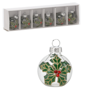 SET OF 6 CHRISTMAS TREE TRANSPARENT BAUBLES WITH HOLLY 25,3 x 6,7 x 4,4 CM