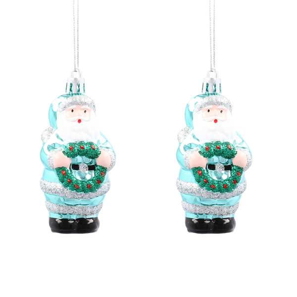 SET OF 2 CHRISTMAS TREE DECORATIONS SANTA WITH CHRISTMAS WREATH