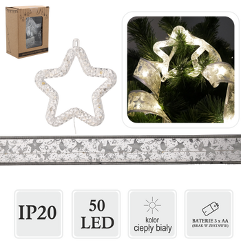 FASCIE LED DE CRĂCIUN CU STEA ARGINTIE 50L ALBA CALDĂ PE BATERII *0269