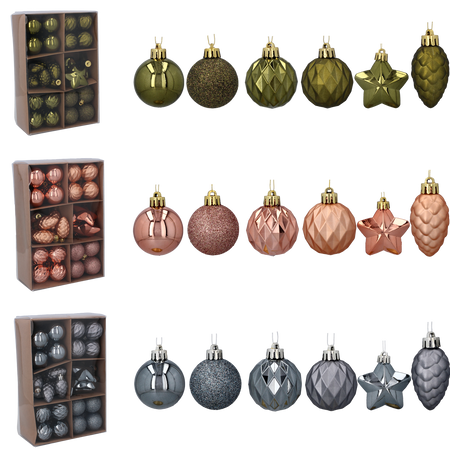 SET OF 47 BAUBLES 4-6 CM OLIVE/COPPER/GRAPHITE MIX DESIGNS