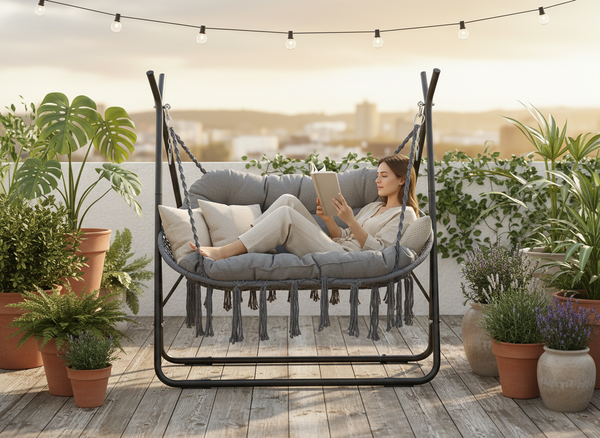 FOTEL WISZĄCY HAMAKOWY POLY DWUOSOBOWY - ANTRACYTOWY, ANTRACYTOWA PODUSZKA, ANTRACYTOWA RAMA 