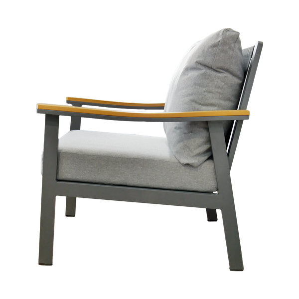 ZESTAW MEBLI ALUMINIOWYCH "LUBLANA" (SOFA + 2 FOTELE + STOLIK) SZARY + SZARE PODUSZKI *9545