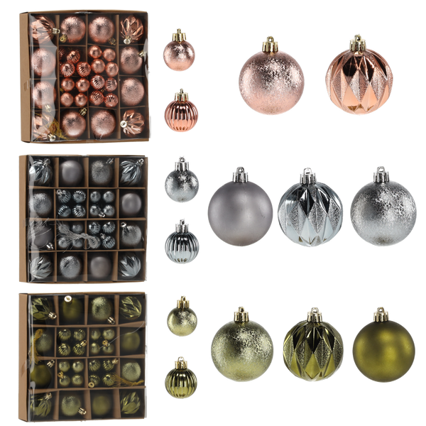 SET OF 44 BAUBLES 3/6 CM OLIVE/COPPER/GRAPHITE MIX DESIGNS