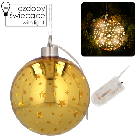 GLASS CHRISTMAS ORNAMENT 12 CM LED GOLDEN BAUBLE WITH STARS