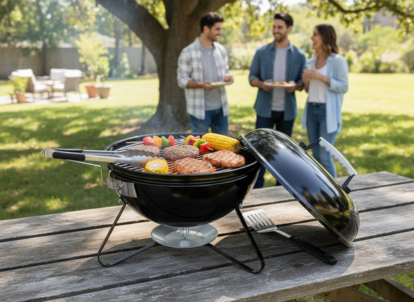 GRILL WĘGLOWY KULISTY NA NÓŻKACH Z POKRYWĄ 37 x 28/44 CM