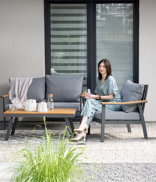 ZESTAW MEBLI ALUMINIOWYCH "LUBLANA" (SOFA + 2 FOTELE + STOLIK) SZARY + SZARE PODUSZKI