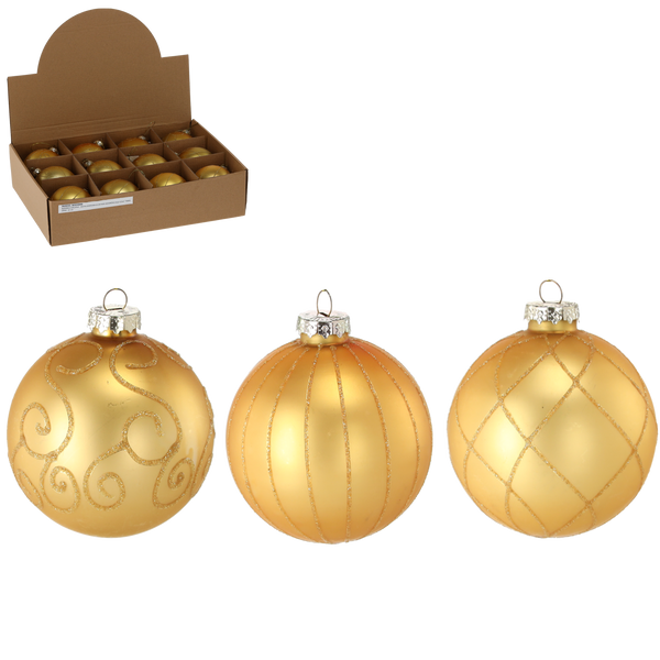 GLASS ORNAMENT - MATTE GOLD MIXED PATTERNS 8 CM