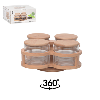 SET OF 4 GLASS JARS 700 ML WITH WOODEN STAND AND LID