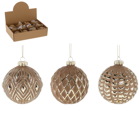 GLASS BAUBLE 8 CM BROWN DECORATED MIX DESIGNS