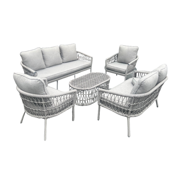 ZESTAW MEBLI OGRODOWYCH (2 SOFY + 2 FOTELE + STOLIK) SZARY + SZARE PODUSZKI