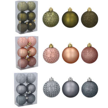 SET OF 6 BAUBLES 6 CM OLIVE/COPPER/GRAPHITE MIX DESIGNS