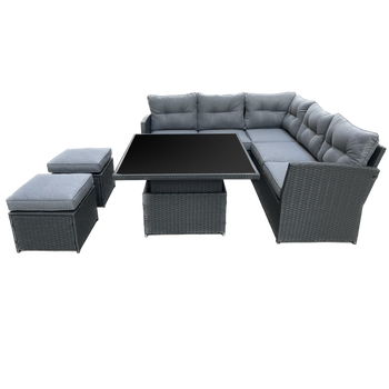 SADA RATTANOVÝCH NÁBYTKOV (ROHOVÁ SOFA + 2 PUFY + STOLÍK S REGULOVATEĽNOU VÝŠKOU) ŠEDÁ + ŠEDÉ VANKÚŠE