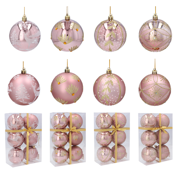 SET OF 6 CHRISTMAS BAUBLES 8 CM PINK MIX DESIGNS