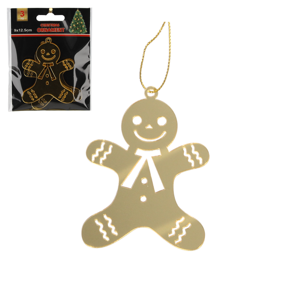 SET OF 3 CHRISTMAS DECORATIONS - GOLD GINGERBREAD 6 x 8 CM