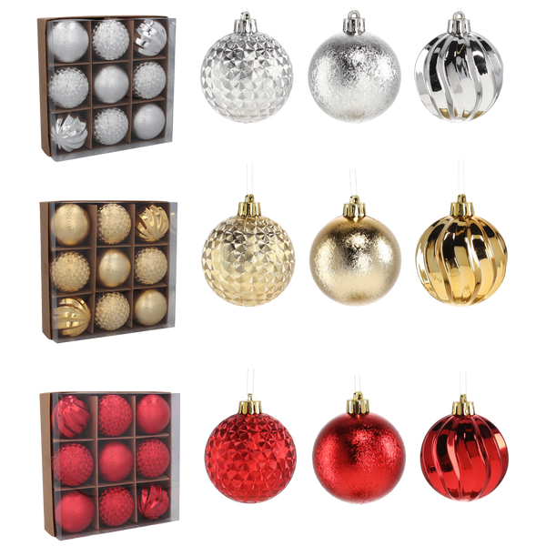 KPL. 9 OZDOBY 6 CM ČERVENÁ/ZLATA/SREBRNÁ *7634