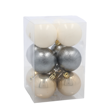 SET OF 12 BAUBLES 6 CM CHAMPAGNE/GRAY/WHITE
