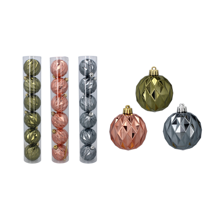 SET OF 6 GLOSSY BAUBLES 6 CM OLIVE/COPPER/GRAPHITE