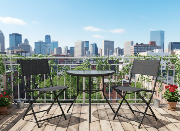 ZESTAW MEBLI BALKONOWYCH - STOLIK POŁÓWKA + 2 SKŁADANE KRZESŁA  - CZARNY