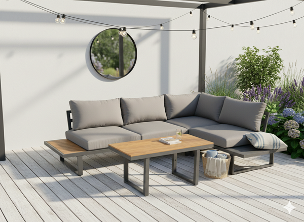 ZESTAW MEBLI ALUMINIOWYCH "BOGOTA" (SOFA NAROŻNA + STOLIK) SZARY + SZARE PODUSZKI 